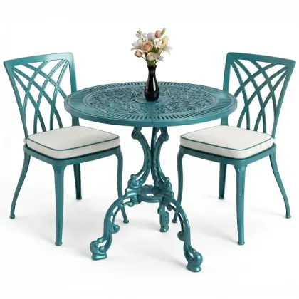 Modern ferforje döküm 2 kişilik masa sandalye akımı turkuaz