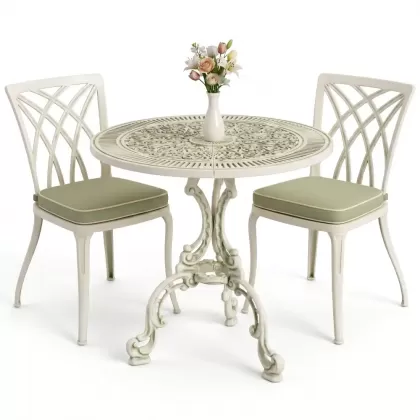 Modern ferforje döküm 2 kişilik masa sandalye akımı yeşil beyaz patina