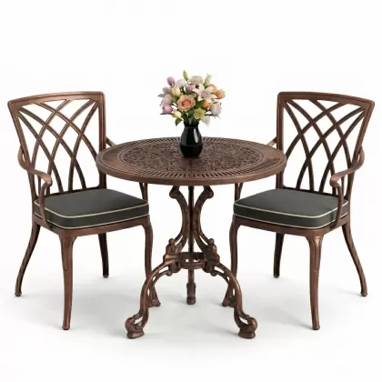 Modern kolsuz 2 sandalye yuvarlak döküm ferforje masa seti bakır eskitme