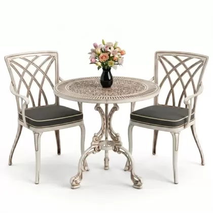 Modern kolsuz 2 sandalye yuvarlak döküm ferforje masa seti beyaz eskitme
