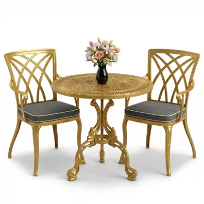 Modern kolsuz 2 sandalye yuvarlak döküm ferforje masa seti gold altın