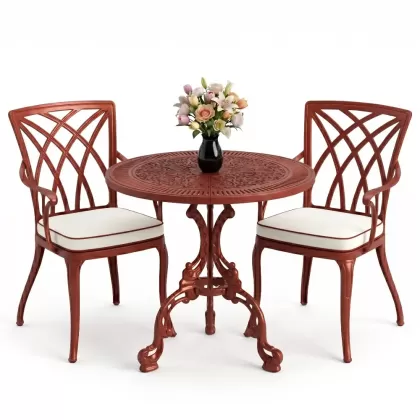 Modern kolsuz 2 sandalye yuvarlak döküm ferforje masa seti kiremit kırmızı