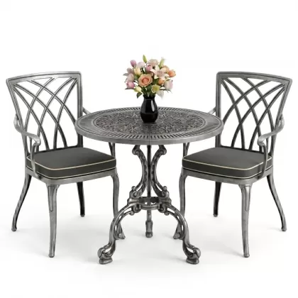 Modern kolsuz 2 sandalye yuvarlak döküm ferforje masa seti silver gümüş