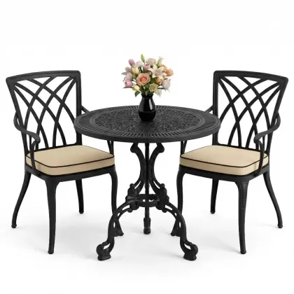 Modern kolsuz 2 sandalye yuvarlak döküm ferforje masa seti siyah