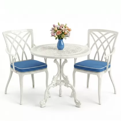 Modern kolsuz 2 sandalye yuvarlak döküm ferforje masa seti beyaz