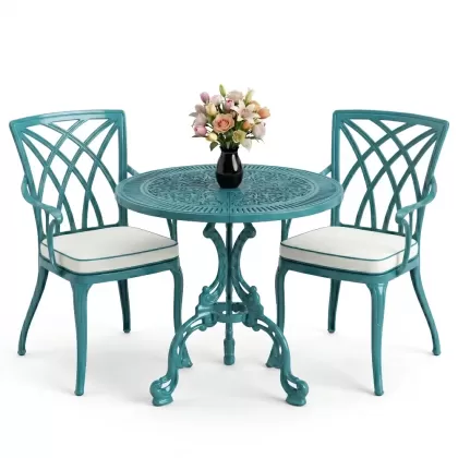 Modern kolsuz 2 sandalye yuvarlak döküm ferforje masa seti turkuaz