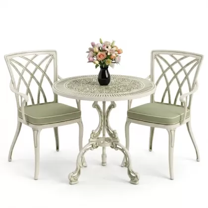 Modern kolsuz 2 sandalye yuvarlak döküm ferforje masa seti beyaz yeşil patina