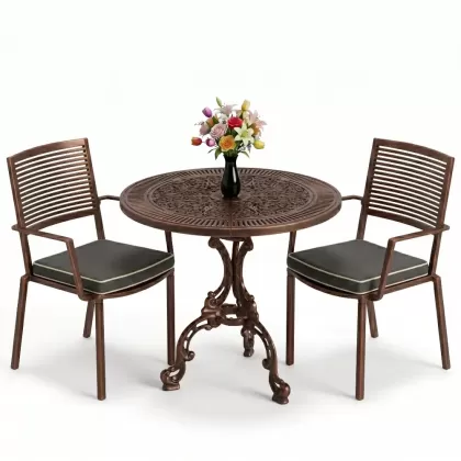 Modern yuvarlak masa 2 döküm sandalye balkon seti bakır eskitme