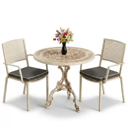 Modern yuvarlak masa 2 döküm sandalye balkon seti beyaz eskitme