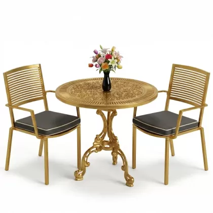 Modern yuvarlak masa 2 döküm sandalye balkon seti gold altın