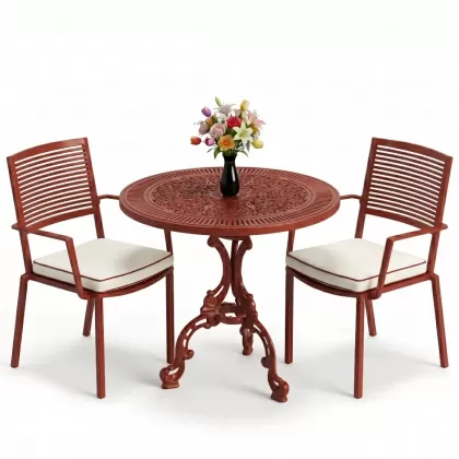 Modern yuvarlak masa 2 döküm sandalye balkon seti kırmızı kiremit