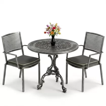 Modern yuvarlak masa 2 döküm sandalye balkon seti gold silver