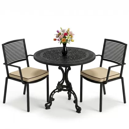 Modern yuvarlak masa 2 döküm sandalye balkon seti siyah