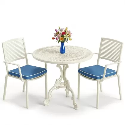 Modern yuvarlak masa 2 döküm sandalye balkon seti beyaz