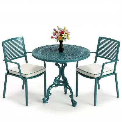 Modern yuvarlak masa 2 döküm sandalye balkon seti turkuaz