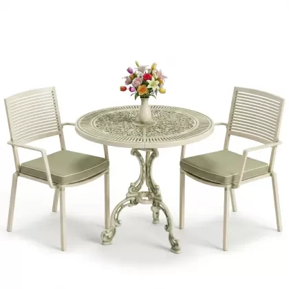 Modern yuvarlak masa 2 döküm sandalye balkon seti yeşil beyaz patina