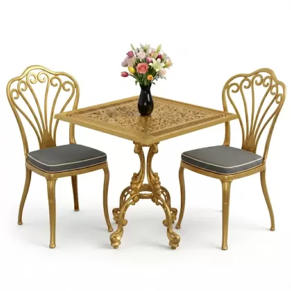 Alüminyum döküm ferforje balkon seti masa sandale takımı gold altın