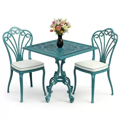 Alüminyum döküm ferforje balkon seti masa sandale takımı turkuaz