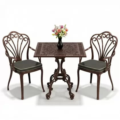 Tavuskuşu motifli 2 kişilik kare döküm masa ferforje masa balkon seti bakır eskitme