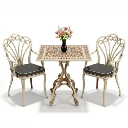 Tavuskuşu motifli 2 kişilik kare döküm masa ferforje masa balkon seti beyaz eskitme