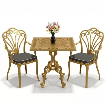 Tavuskuşu motifli 2 kişilik kare döküm masa ferforje masa balkon seti gold altın