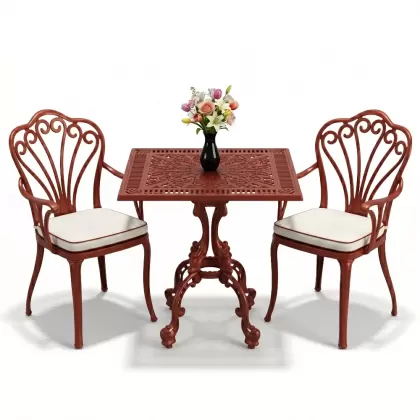 Tavuskuşu motifli 2 kişilik kare döküm masa ferforje masa balkon seti kiretit kırmızı