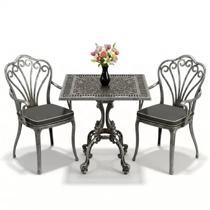 Tavuskuşu motifli 2 kişilik kare döküm masa ferforje masa balkon seti silver goldTavuskuşu motifli 2 kişilik kare döküm masa ferforje masa balkon seti 