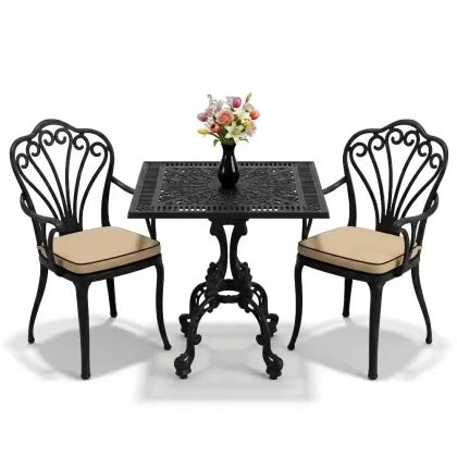 Tavuskuşu motifli 2 kişilik kare döküm masa ferforje masa balkon seti siyah