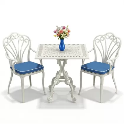 Tavuskuşu motifli 2 kişilik kare döküm masa ferforje masa balkon seti beyaz