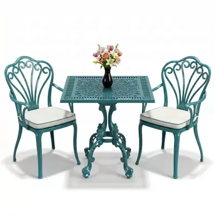 Tavuskuşu motifli 2 kişilik kare döküm masa ferforje masa balkon seti turkuaz