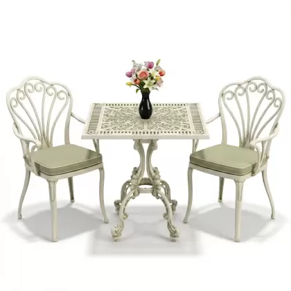 Tavuskuşu motifli 2 kişilik kare döküm masa ferforje masa balkon seti beyaz yeşil patina