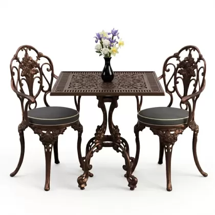 Gül motifli 2 alüminyum döküm ferforje sandalye kare masa seti bakır eskitme 