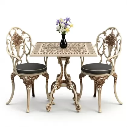 Gül motifli 2 alüminyum döküm ferforje sandalye kare masa seti beyaz eskitme