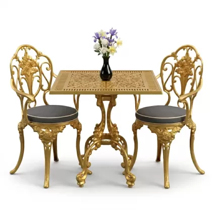 Gül motifli 2 alüminyum döküm ferforje sandalye kare masa seti gold altın