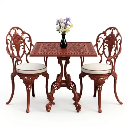 Gül motifli 2 alüminyum döküm ferforje sandalye kare masa seti kiremit kırmızı