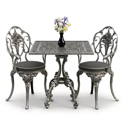 Gül motifli 2 alüminyum döküm ferforje sandalye kare masa seti silver gümüş