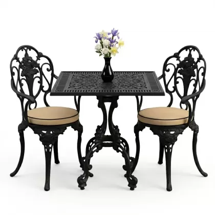 Gül motifli 2 alüminyum döküm ferforje sandalye kare masa seti siyah