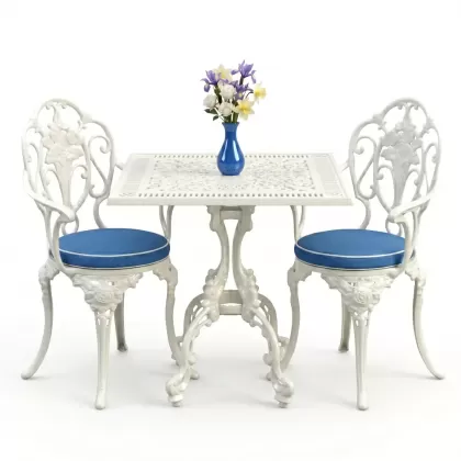 Gül motifli 2 alüminyum döküm ferforje sandalye kare masa seti beyaz