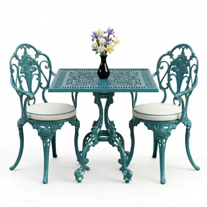 Gül motifli 2 alüminyum döküm ferforje sandalye kare masa seti turkuaz