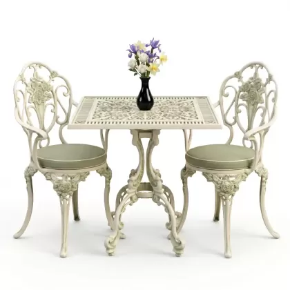 Gül motifli 2 alüminyum döküm ferforje sandalye kare masa seti beyaz yeşil patina