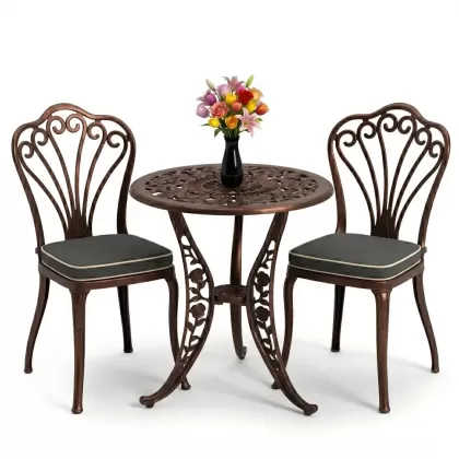 Kolsuz tavuskuşu motifli 2sandalye ferforje yuvarlak döküm masa takımı bakır eskitme