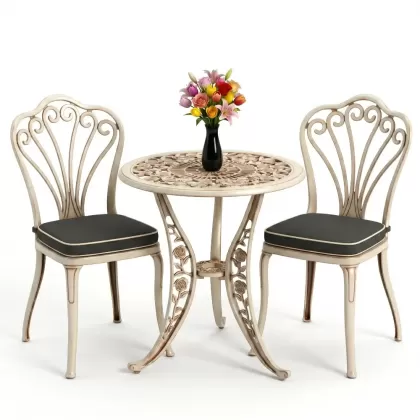 Kolsuz tavuskuşu motifli 2sandalye ferforje yuvarlak döküm masa takımı beyaz eskitme