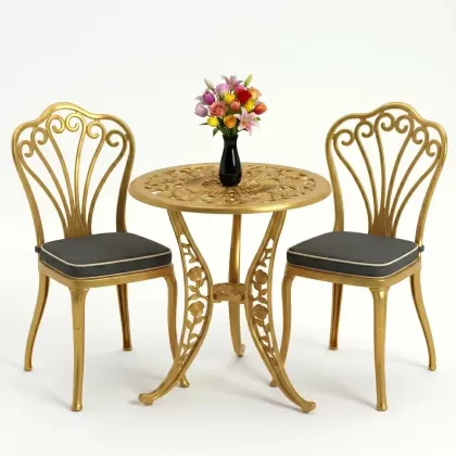 Kolsuz tavuskuşu motifli 2sandalye ferforje yuvarlak döküm masa takımı gold altın