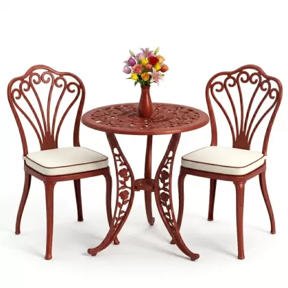 Kolsuz tavuskuşu motifli 2sandalye ferforje yuvarlak döküm masa takımı kırmızı kiremit