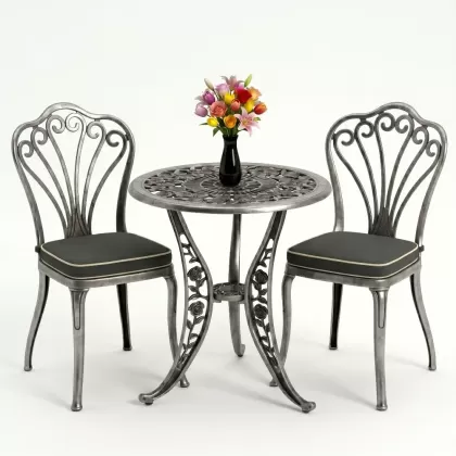 Kolsuz tavuskuşu motifli 2sandalye ferforje yuvarlak döküm masa takımı silver gümüş