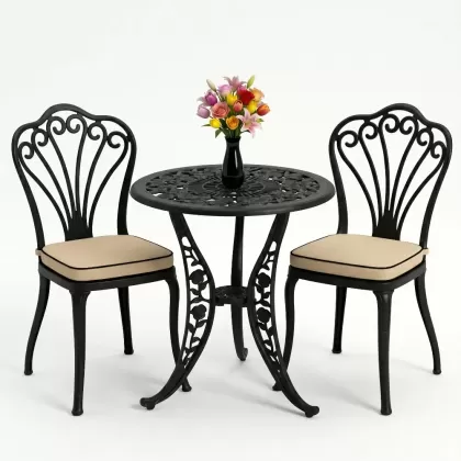 Kolsuz tavuskuşu motifli 2sandalye ferforje yuvarlak döküm masa takımı siyah