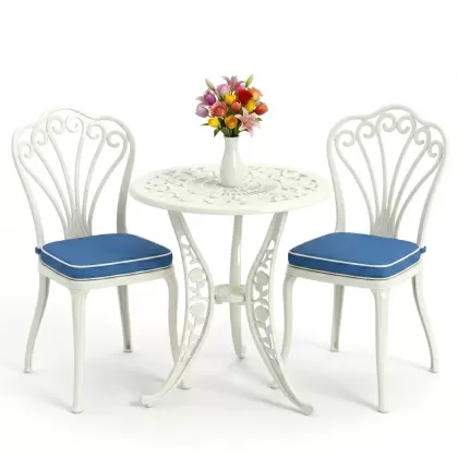 Kolsuz tavuskuşu motifli 2sandalye ferforje yuvarlak döküm masa takımı beyaz