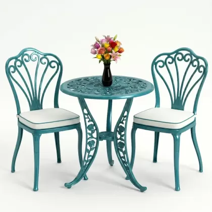 Kolsuz tavuskuşu motifli 2sandalye ferforje yuvarlak döküm masa takımı turkuaz