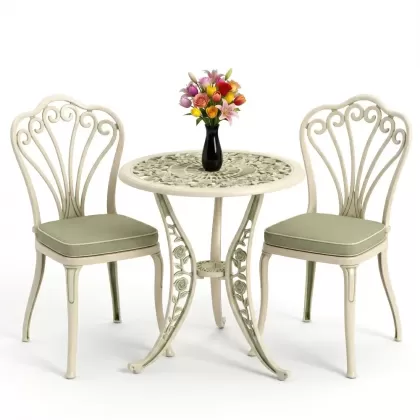 Kolsuz tavuskuşu motifli 2sandalye ferforje yuvarlak döküm masa takımı yeşil beyaz eskitme