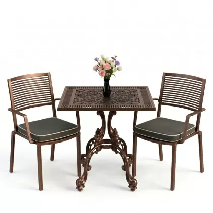 Modern döküm 2 sandalye kare ferforjen masa takımı bakır eskitme